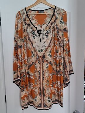 Angie Orange Floral Boho Tunic Dress with Cream and Teal Accents